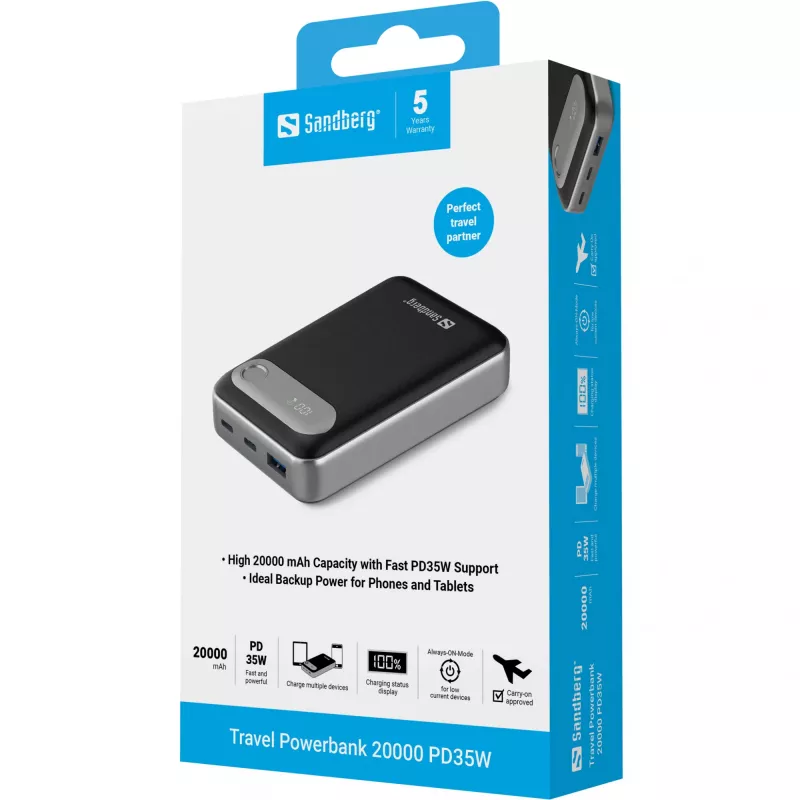 Powerbank da viaggio Sandberg 20000 PD35W, 20000 mAh, litio-polimero (LiPo), 3.7 V, nero, argento