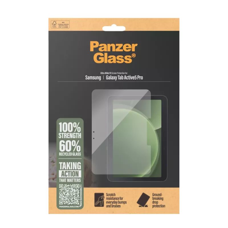 Protezione schermo PanzerGlass per Samsung Galaxy Tab Active5 Pro — Ultra-Wide Fit, vetro temperato/PET, trasparente