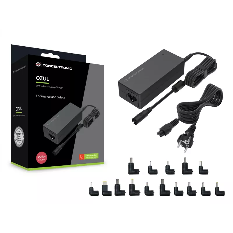 Conceptronic OZUL08B15 Alimentatore universale per laptop 90W, 15 punte di ricarica incl.