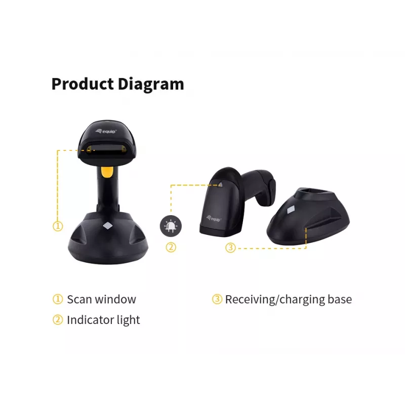 Lettore di codici a barre Equip wireless 1D laser, lunga portata, con supporto