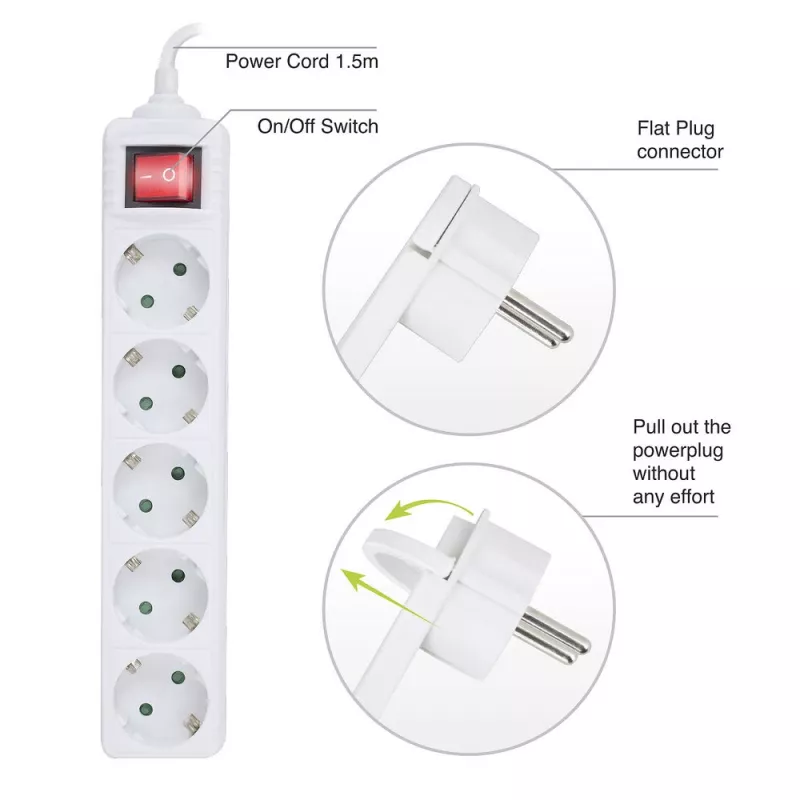 Ciabatta ACT con interruttore illuminato e spina piatta, 5 prese, 1,5 m, bianco