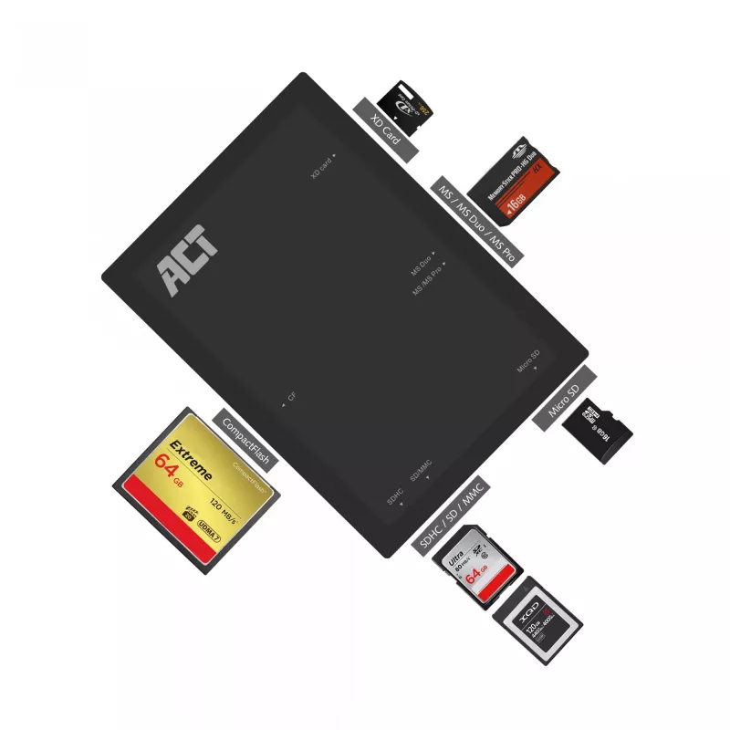 Lettore di schede ACT USB 3.0 AC6370 CF MMC MS Duo MicroSD SDHC nero