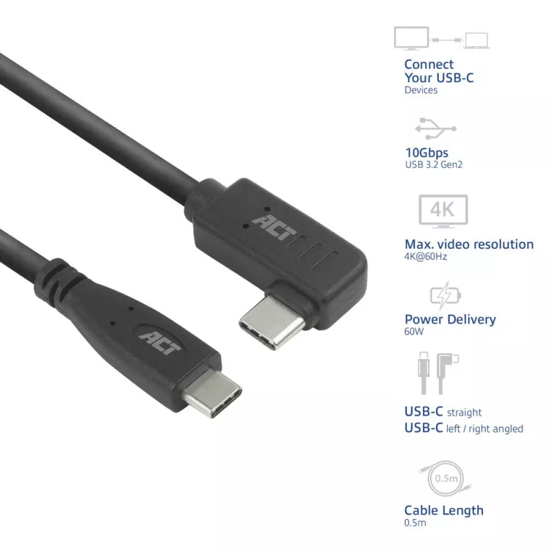 Cavo ACT USB 3.0 10Gbps 60W da USB Type-C (dritto) a USB Type-C (angolare sinistra/destra), 0,5 metri