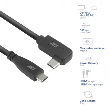 Cavo ACT USB 3.0 10Gbps 60W da USB Type-C (dritto) a USB Type-C (angolare sinistra/destra), 3 metri