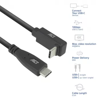 Cavo ACT USB 3.0 10 Gbit/s 60 W da USB Type-C (dritto) a USB Type-C (angolare alto/basso), 0,5 metri