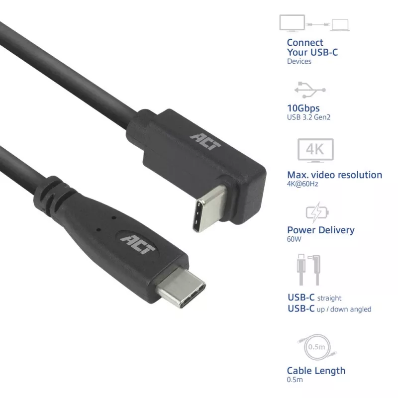 Cavo ACT USB 3.0 10Gbps 60W da USB Type-C (dritto) a USB Type-C (angolare alto/basso), 2 metri