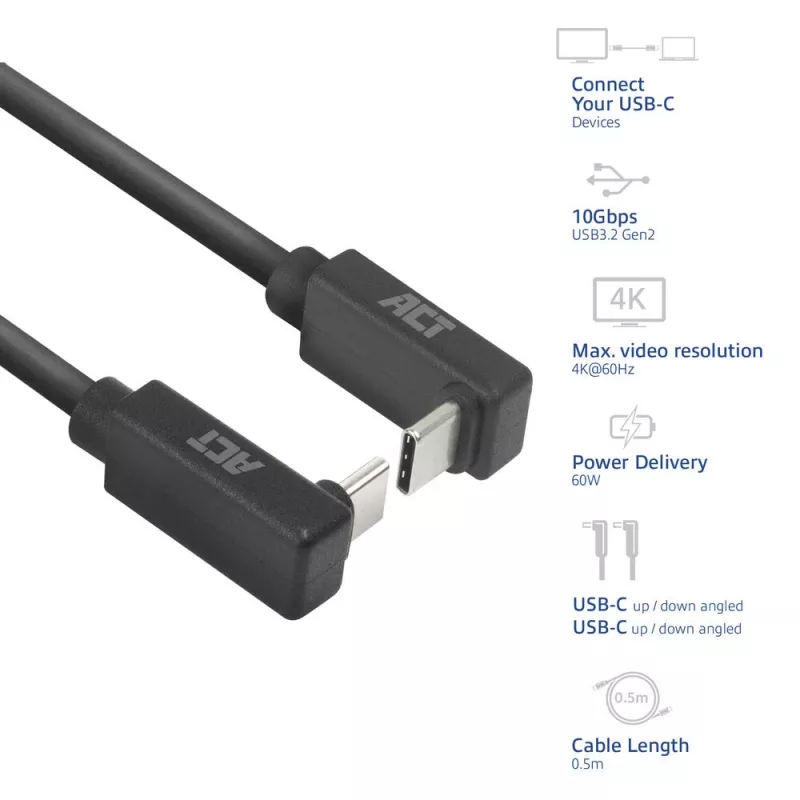 Cavo ACT USB 3.0 10Gbps 60W da USB Type-C (angolare alto/basso) a USB Type-C (angolare alto/basso), 0,5 metri