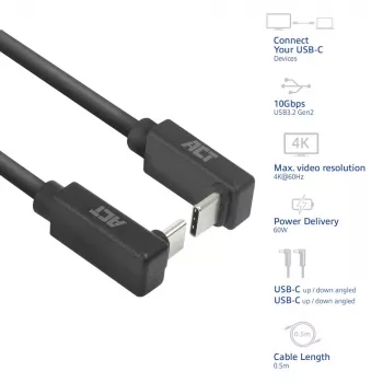 Cavo ACT USB 3.0 10Gbps 60W da USB Type-C (angolare alto/basso) a USB Type-C (angolare alto/basso), 1 metro