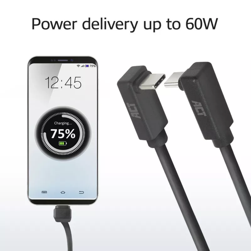 Cavo ACT USB 3.0 10Gbps 60W da USB Type-C (angolare alto/basso) a USB Type-C (angolare alto/basso), 2 metri