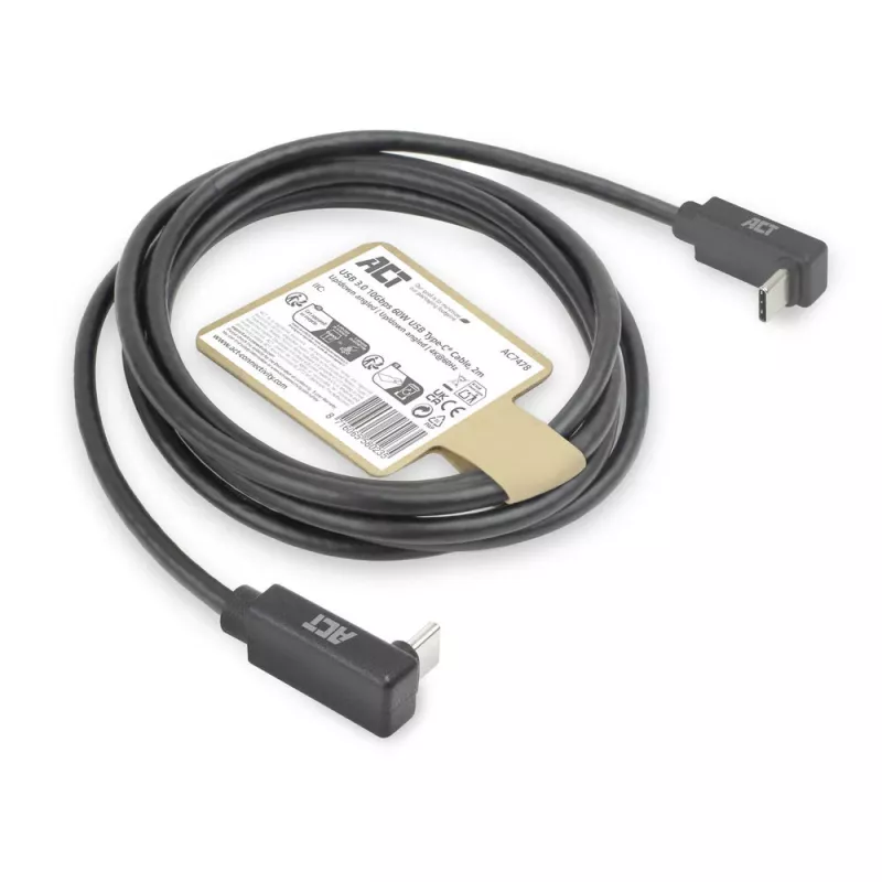 Cavo ACT USB 3.0 10Gbps 60W da USB Type-C (angolare alto/basso) a USB Type-C (angolare alto/basso), 2 metri