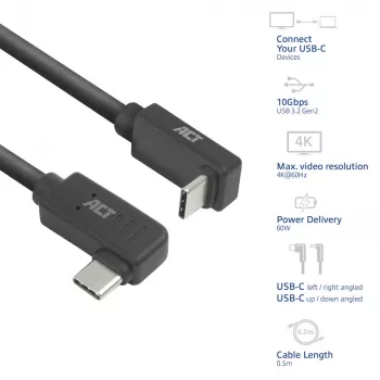 Cavo ACT USB 3.0 10 Gbit/s 60 W da USB Type-C (angolare sinistra/destra) a USB Type-C (angolare alto/basso), 1 metro