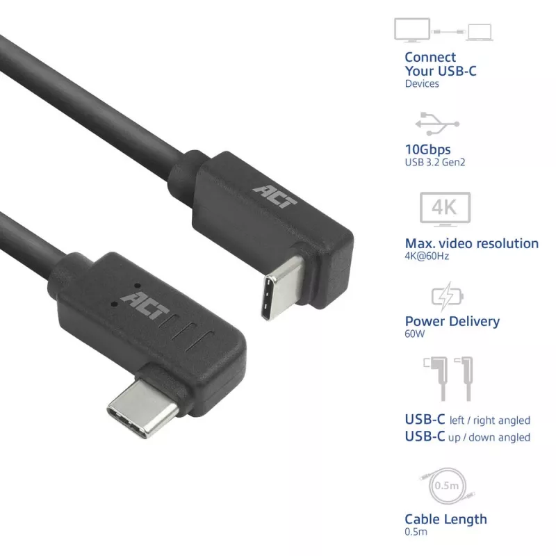Cavo ACT USB 3.0 10Gbps 60W da USB Type-C (angolare sinistra/destra) a USB Type-C (angolare alto/basso), 2 metri