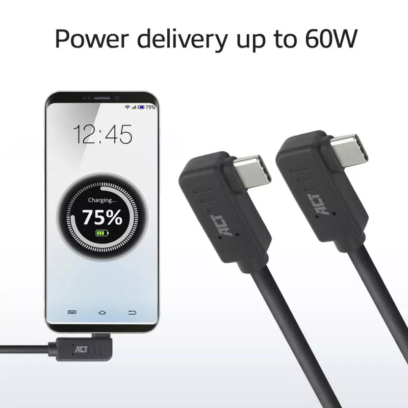 Cavo ACT USB 3.0 10Gbps 60W da USB Type-C (angolare sinistra/destra) a USB Type-C (angolare sinistra/destra), 0,5 metri