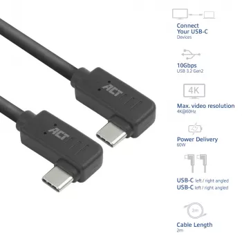 Cavo ACT USB 3.0 10Gbps 60W da USB Type-C® (angolare sinistra/destra) a USB Type-C® (angolare sinistra/destra), 2 metri