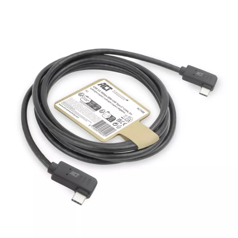 Cavo ACT USB 3.0 10Gbps 60W da USB Type-C® (angolare sinistra/destra) a USB Type-C® (angolare sinistra/destra), 2 metri