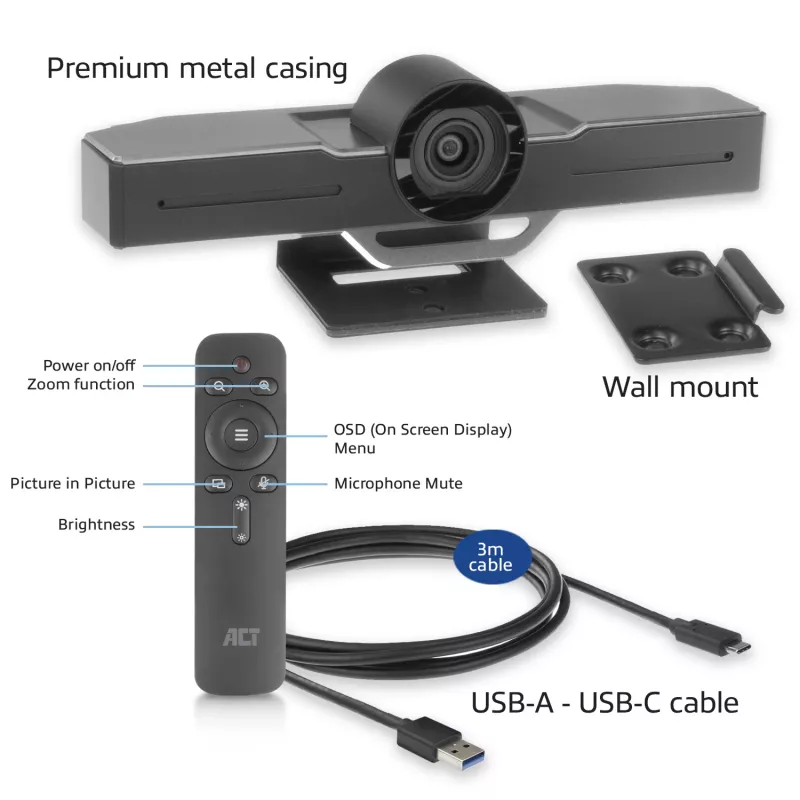 Videocamera per conferenze ACT Full HD con microfono, funzioni di rotazione, inclinazione e zoom