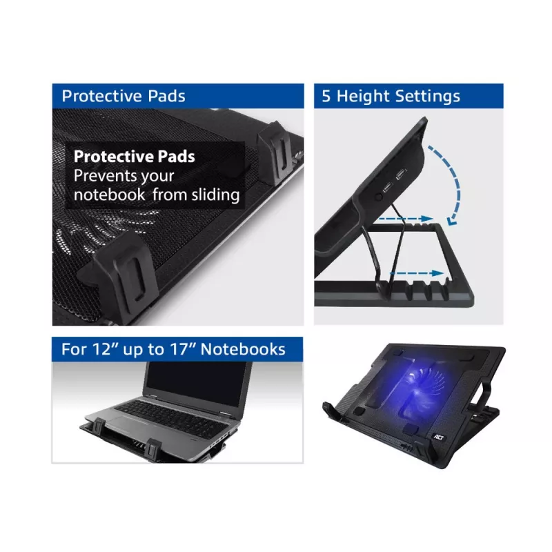 Supporto per laptop ACT, con ventola, regolabile in altezza su 5 livelli, hub a 2 porte