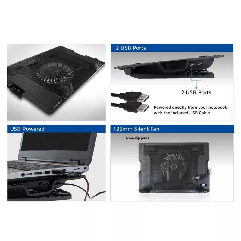 Supporto per laptop ACT, con ventola, regolabile in altezza su 5 livelli, hub a 2 porte