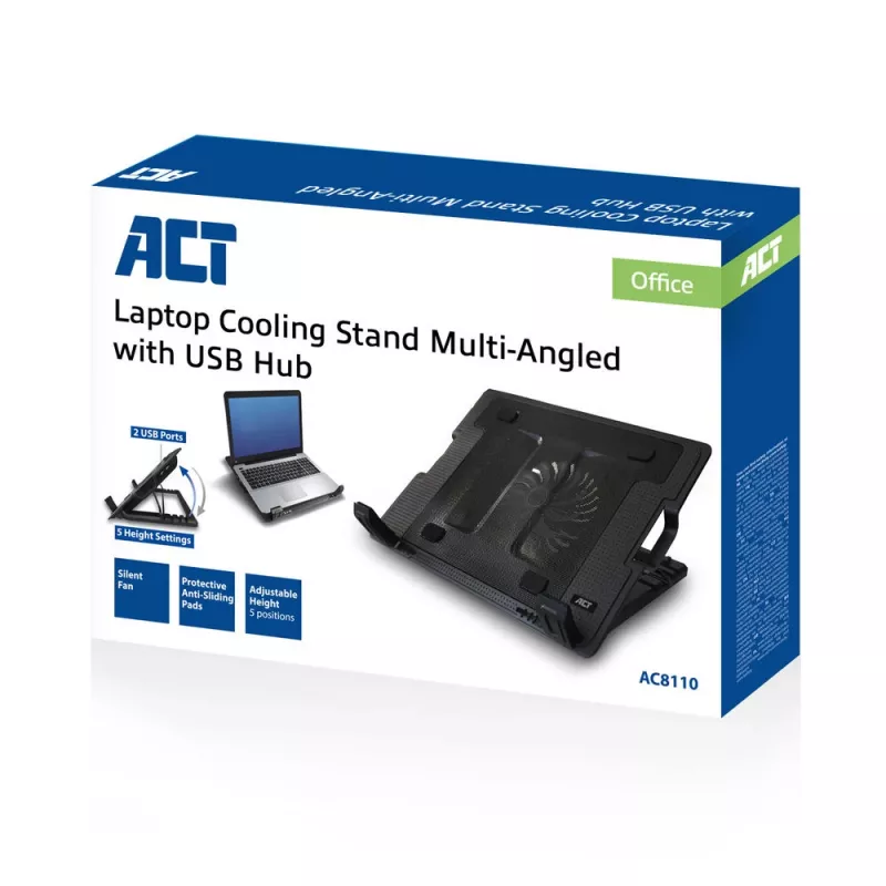 Supporto per laptop ACT, con ventola, regolabile in altezza su 5 livelli, hub a 2 porte