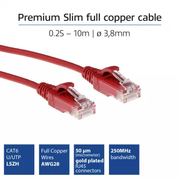 ACT Rosso 3 metri LSZH U/UTP CAT6 Datacenter Slimline cavo patch snagless con connettori RJ45