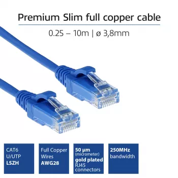 ACT Blu 1,5 metri LSZH U/UTP CAT6 Datacenter Slimline cavo patch senza linguetta con connettori RJ45