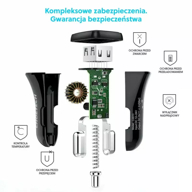 Alimentatore CHOETECH C0051 dual USB-A 36W QC3.0, nero