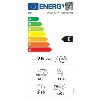 Lavastoviglie slim a libera installazione BEKO DVS05024W — 10 coperti, 45 cm, 49 dB, classe energetica E