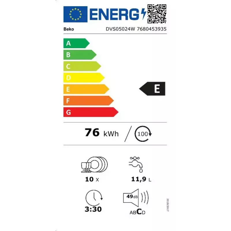 Lavastoviglie slim a libera installazione BEKO DVS05024W — 10 coperti, 45 cm, 49 dB, classe energetica E