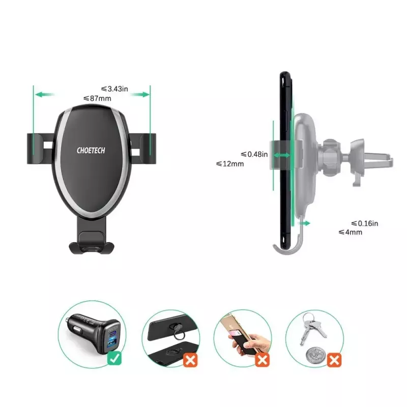 Supporto auto per smartphone CHOETECH T536-S con ricarica wireless 10W, montaggio su cruscotto/parabrezza