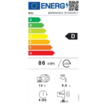 Lavastoviglie a libera installazione BEKO BDFN26530X, larghezza standard 60 cm, 15 coperti, 44 dB, 6 programmi