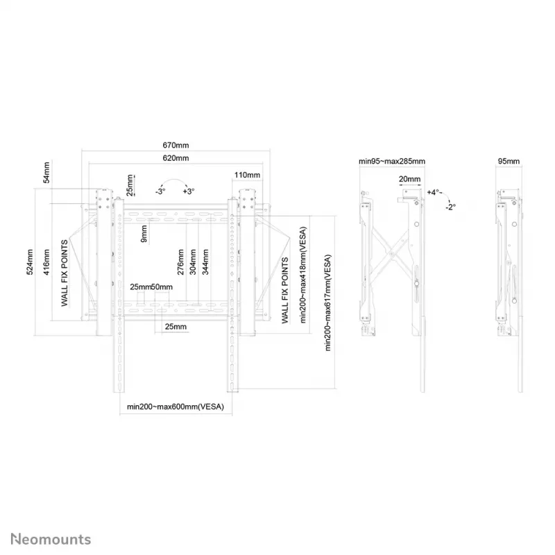 Neomounts supporto per videowall, 70 kg, 81,3 cm (32 inch), 190,5 cm (75 inch), 200 x 200 mm, 600 x 600 mm, 0 - 6°