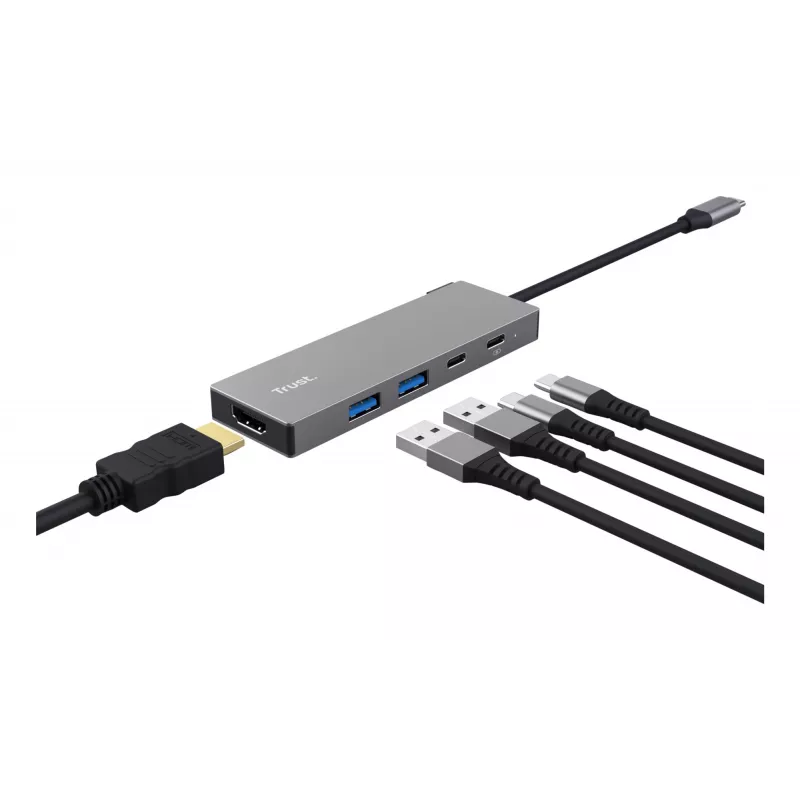 Hub USB Type-C TRUST 26062 — HDMI + USB 3.2 Gen 1 Type-A e Type-C, grigio, 5 porte