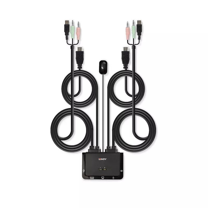 Lindy switch KVM 2 porte HDMI 4K30, USB 2.0 e audio con cavo, 1920 x 1080 pixel, nero
