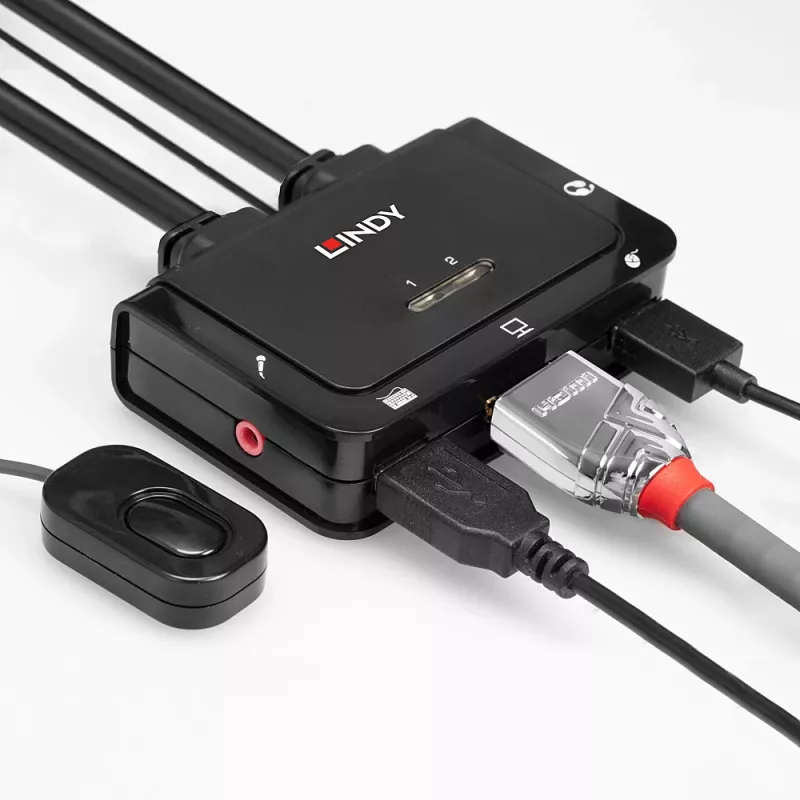 Lindy switch KVM 2 porte HDMI 4K30, USB 2.0 e audio con cavo, 1920 x 1080 pixel, nero