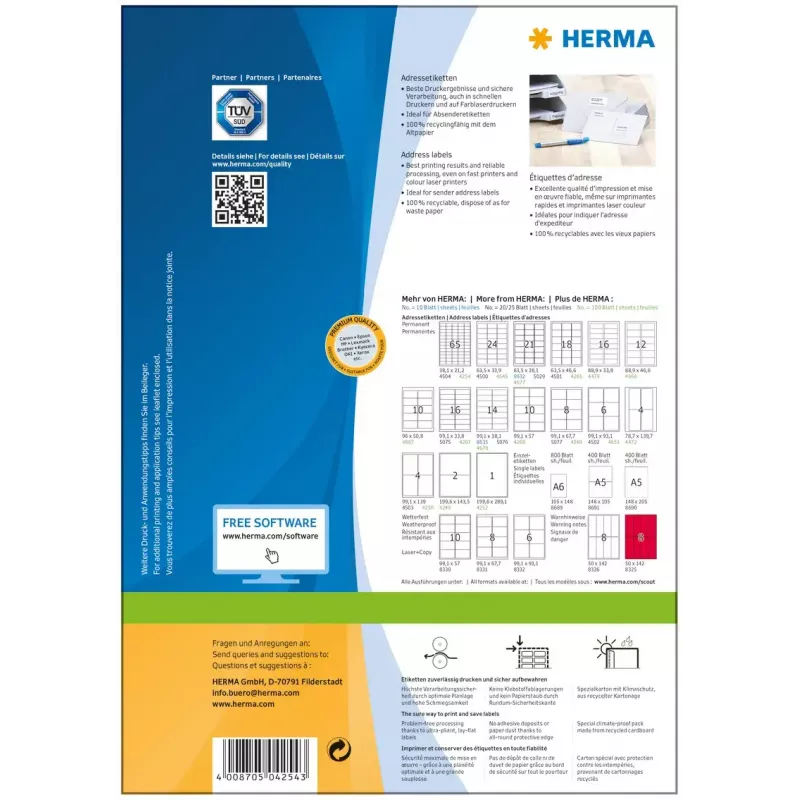 Etichette per indirizzi Premium HERMA A4 38,1x21,2 mm 6500 pz.