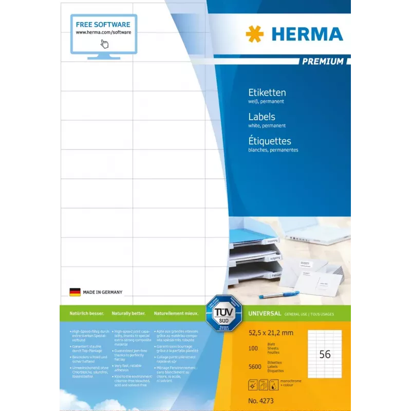 Etichette adesive per stampante HERMA Labels Premium A4 52,5x21,2 mm