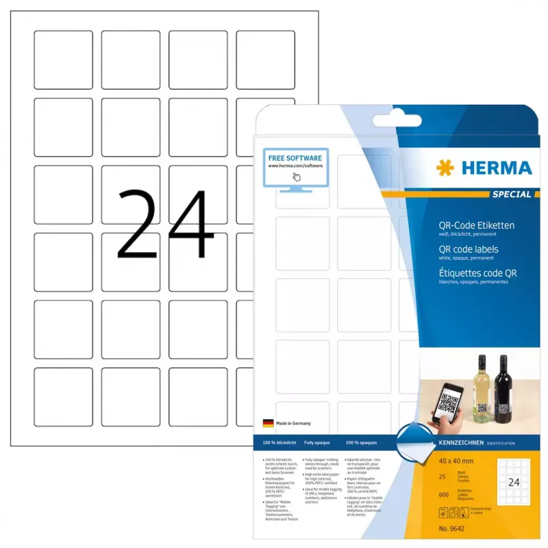 Etichette QR code HERMA 9642 A4 40x40 mm quadrato carta bianca