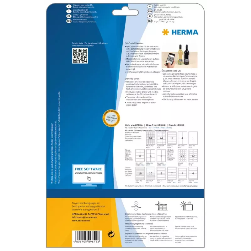 Etichette QR code HERMA 9642 A4 40x40 mm quadrato carta bianca