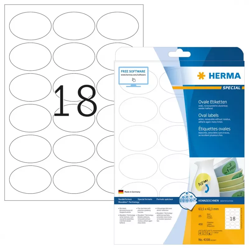 Etichette adesive HERMA rimovibili A4 63,5x42,3 mm 450 pezzi