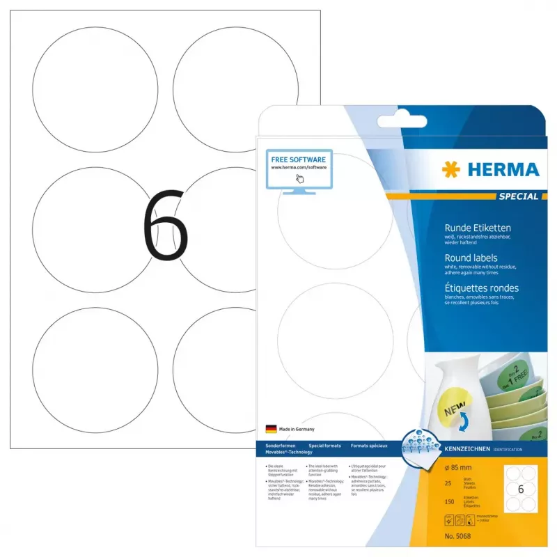 Etichette rimovibili HERMA A4 Ø 85 mm rotonde bianco 150 pz.