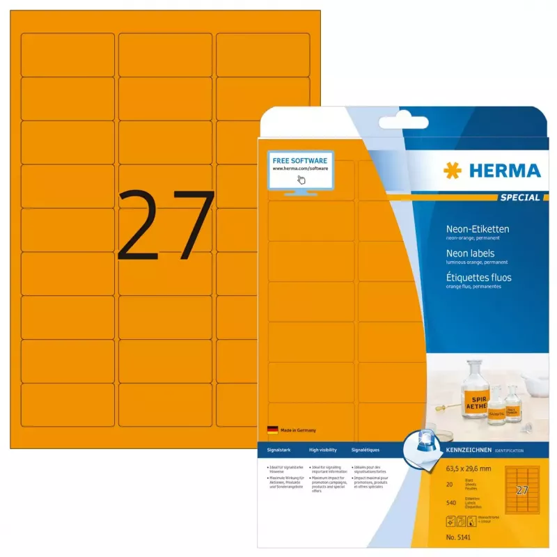 Etichette HERMA Neon A4 63,5x29,6 mm arancione brillante 540 pz.