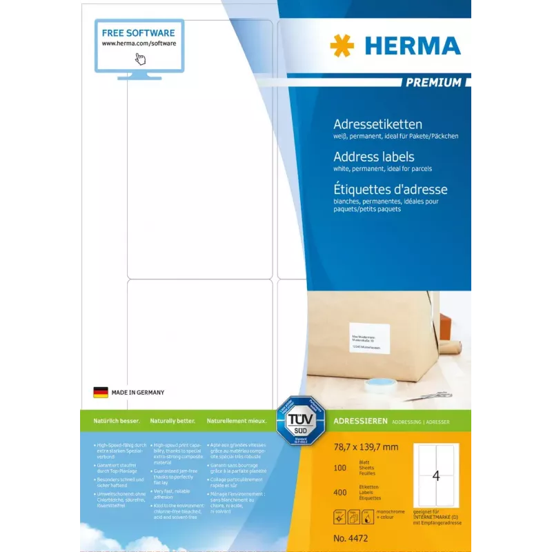 Etichette per indirizzi Premium HERMA 4472 A4 78,7x139,7 mm 400 pz.