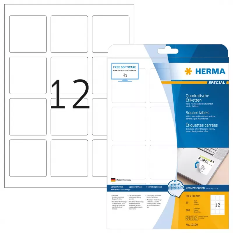 Etichette rimovibili HERMA 10109 A4 60x60 mm quadrate bianche