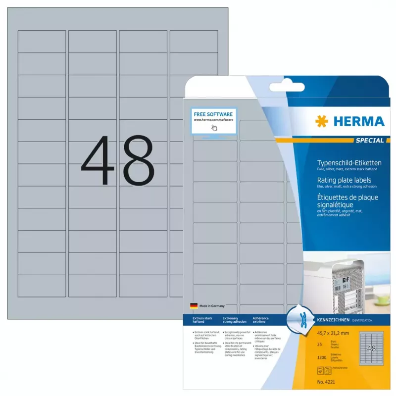 Etichette per targhette HERMA 4221 A4 45,7x21,2 mm argento