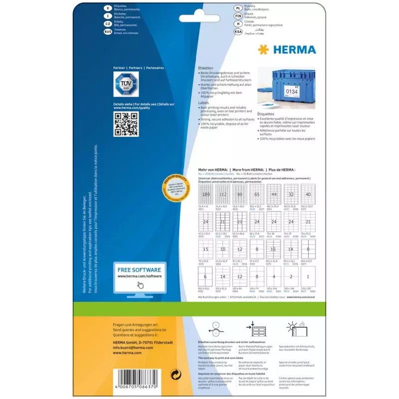 Etichette adesive per stampante HERMA Labels Premium A4 210x297 mm bianche carta opaca 10 pz.