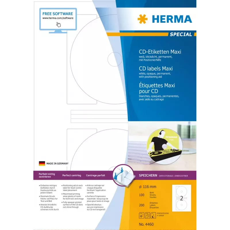 Etichette adesive per stampante HERMA Etichette CD Maxi A4 Ø 116 mm