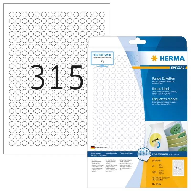 Etichette adesive HERMA rimovibili A4 Ø 10 mm rotonde bianche