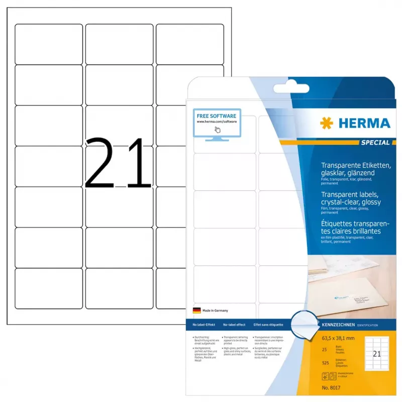 Etichetta adesiva per stampante HERMA Etichette trasparenti cristalline A4 63,5x38,1 mm