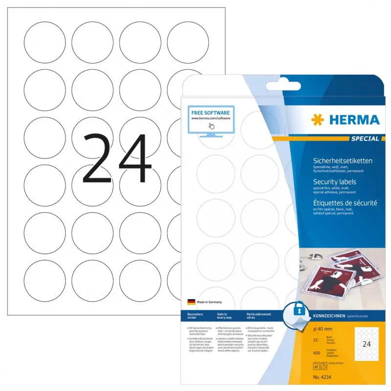 Etichetta adesiva per stampante HERMA Etichette di sicurezza A4 Ø 40 mm rotonde bianche