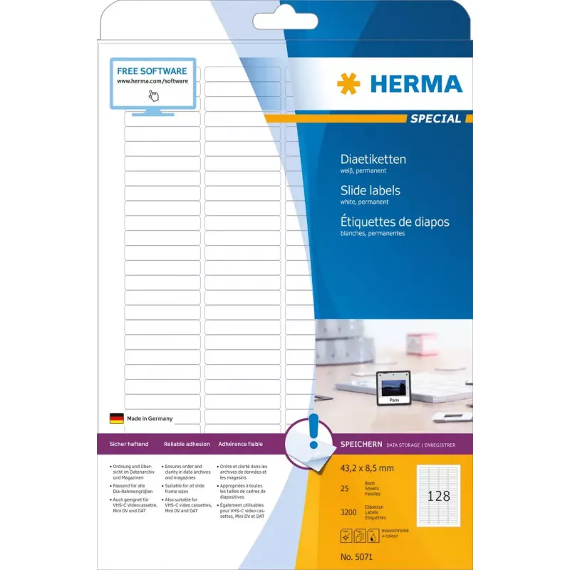 Etichette per diapositive HERMA A4 43,2 x 8,5 mm carta bianca opaca 3200 pezzi